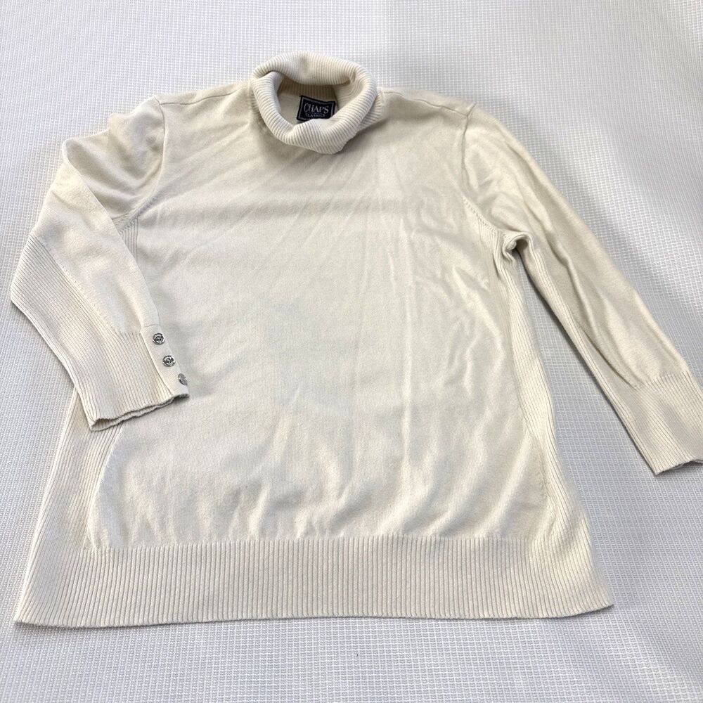 Women's Chaps Ivory LS Turtleneck Sweater - Side Ribbed Button Cuff detail - L